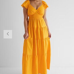 Express V-Neck Flutter Sleeve Tiered Poplin Maxi Dress